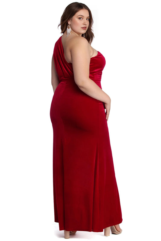 Red velvet plus size prom gown back view, one shoulder strap, center back zipper and fitted long skirt
