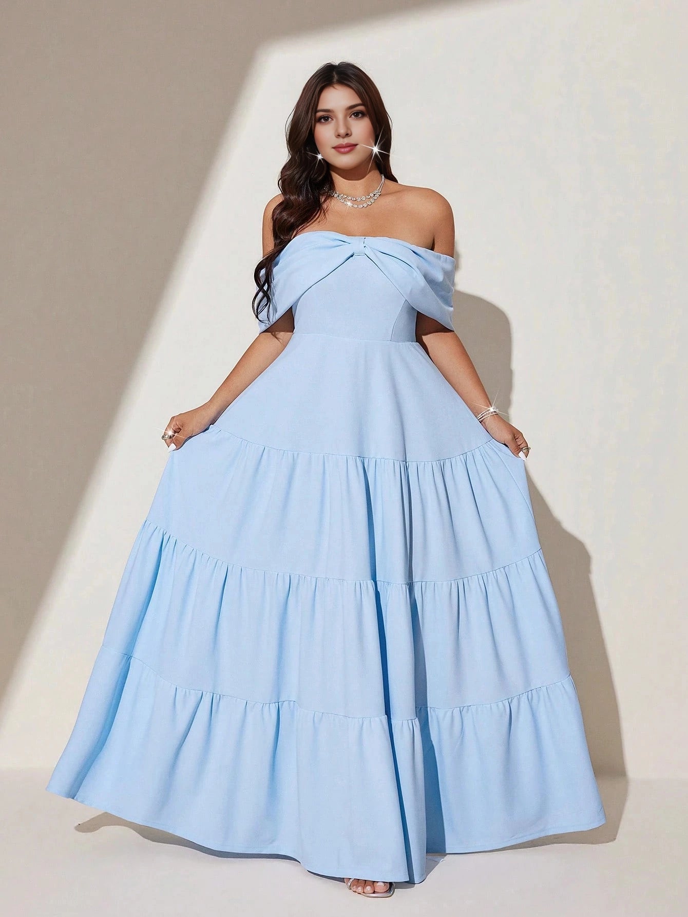 Roselledress plus size sky blue tiered prom dress off‑the‑shoulder twist front short sleeve a‑line floor length front view