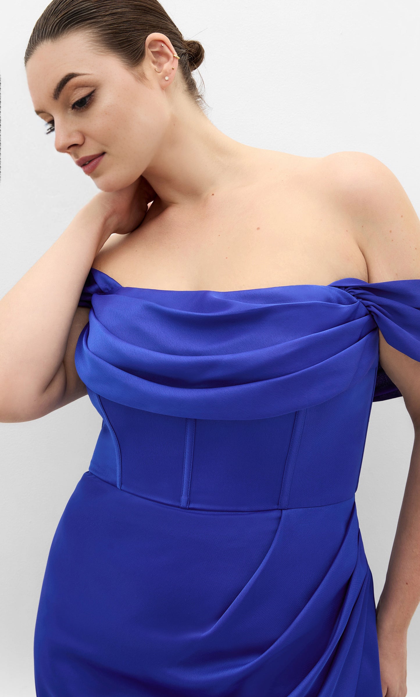 Plus‑Size Off‑The‑Shoulder Draped Satin Corset Bodice High Slit Column Maxi Wedding Guest Dress