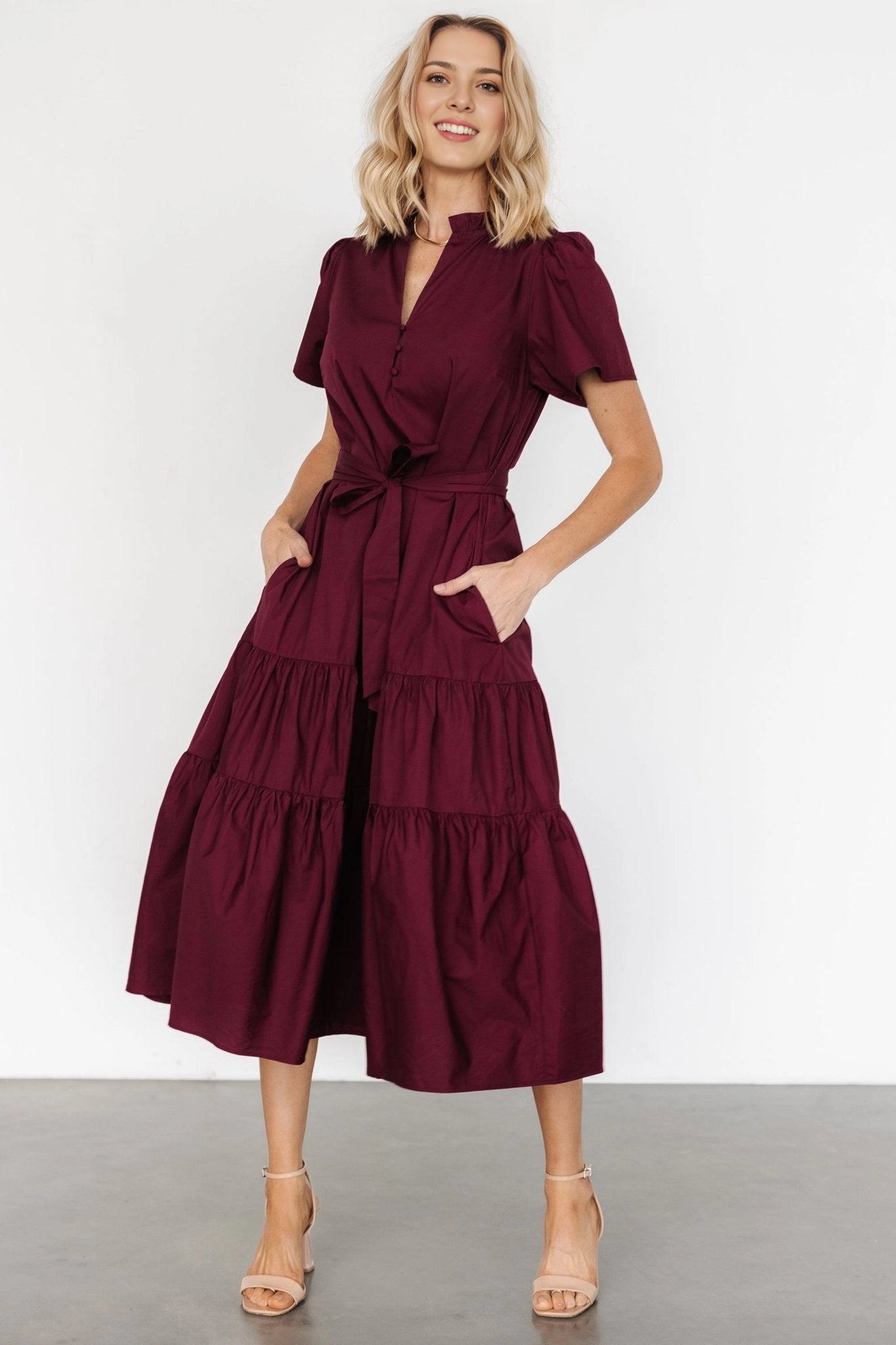 Modest A-Line Stand Collar Puff-Sleeve Plain-Back Midi Mother Of Bride Dress