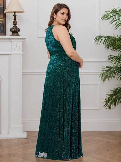 Back view Roselledress emerald green formal long dress, plus size mother of bride gown with halter keyhole back metallic shimmer fabric