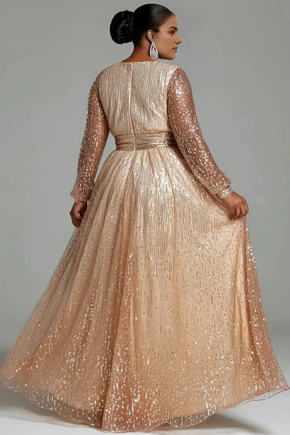 Roselledress gold a‑line gown back view,zipper back long sleeve sequin plus size formal prom dress