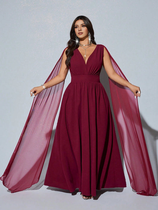 Roselledress plus size burgundy chiffon prom dress deep v neck cape sleeve a‑line floor length front view