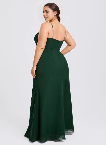 Back view of Roselledress dark green plus size open back bridesmaid dress adjustable straps hidden zipper chiffon long evening gown
