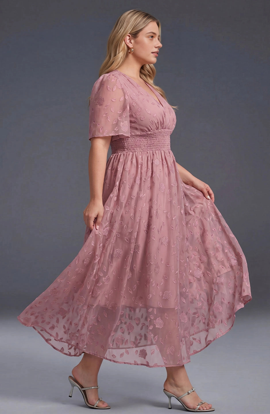 A-line Midi V-Neck Flutter-Sleeve Zip-Back Midi plus size Mother Of Bride Dress