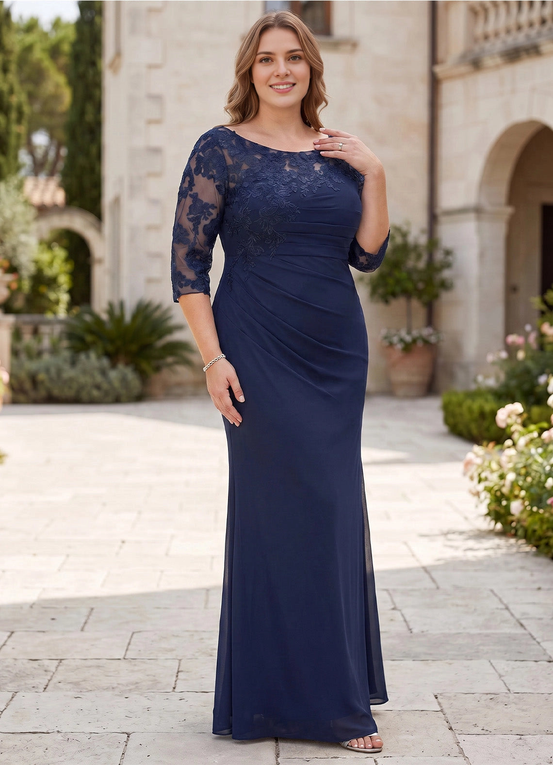 Roselledress Mermaid Plus Size Bateau Lace 3/4 Sleeve Zipper Back Floor Weeding Guest Dress