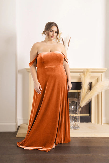 Elegant A-Line Straight Neck Off Shoulder Zipper Back Plus Size Bridesmaid Dress