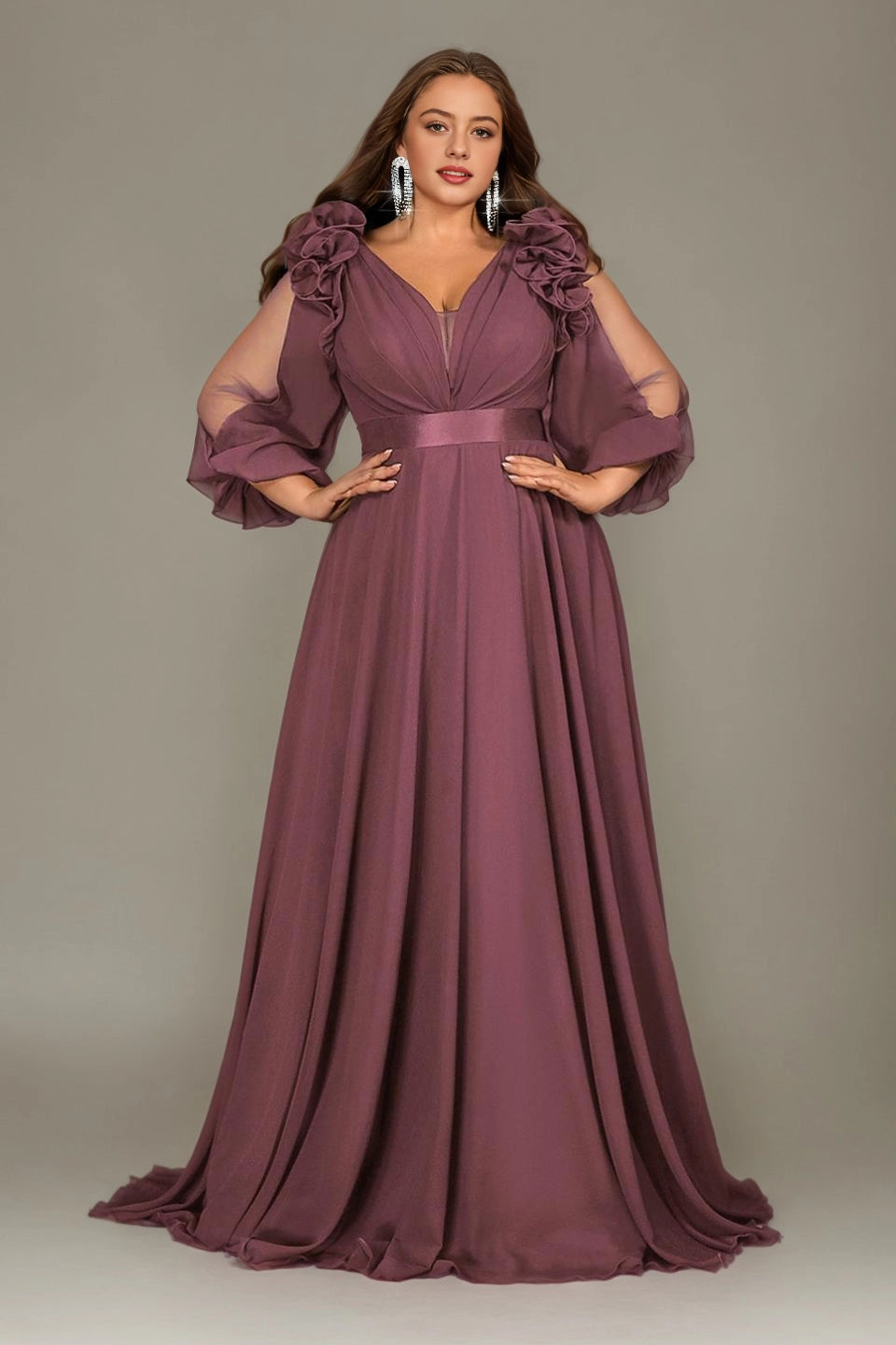 Flowy A-Line Deep V Split-Sleeve Zipper-Back Floor-Length Plus Size Burgundy Mother Of Bride Dress