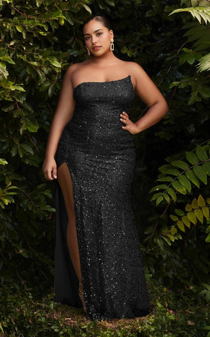 Roselledress Sparkly Plus Size Mermaid Strapless Lace Up Back High Slit Sequin Prom Dress