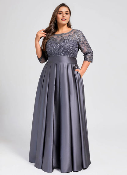 Luxury A-line Bateau 3/4-Sleeve Bow-Back Maxi plus size Mother Of Bride Dress