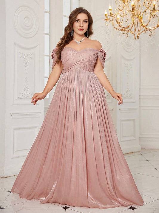 Roselledress plus size dusty pink shimmer prom dress off‑the‑shoulder 3d floral sleeve a‑line floor length front view