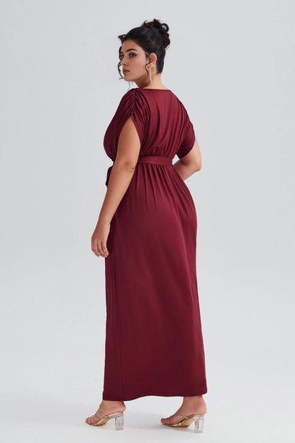 Navy Plus Size A‑Line Wrap V‑Neck Dolman‑Sleeve Pleated‑Back Floor‑Length Prom Dress