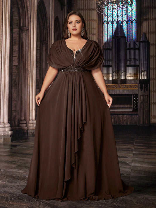 roselledress chocolate brown plus size a‑line prom dress v‑neck cape sleeve sequin waist chiffon formal gown for curvy women