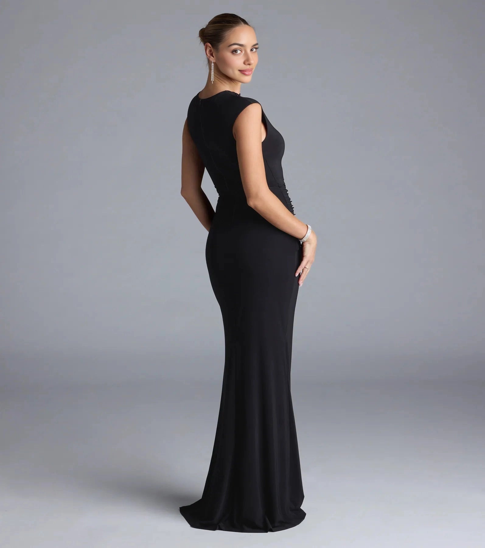 Back view RoselleDress black cutout neck mermaid gown fitted closed back floor length evening dress