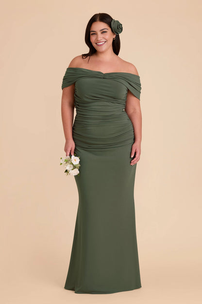Elegant Off‑the‑Shoulder Ruched Mermaid Twist‑Back Maxi Plus Size Bridesmaid Dress