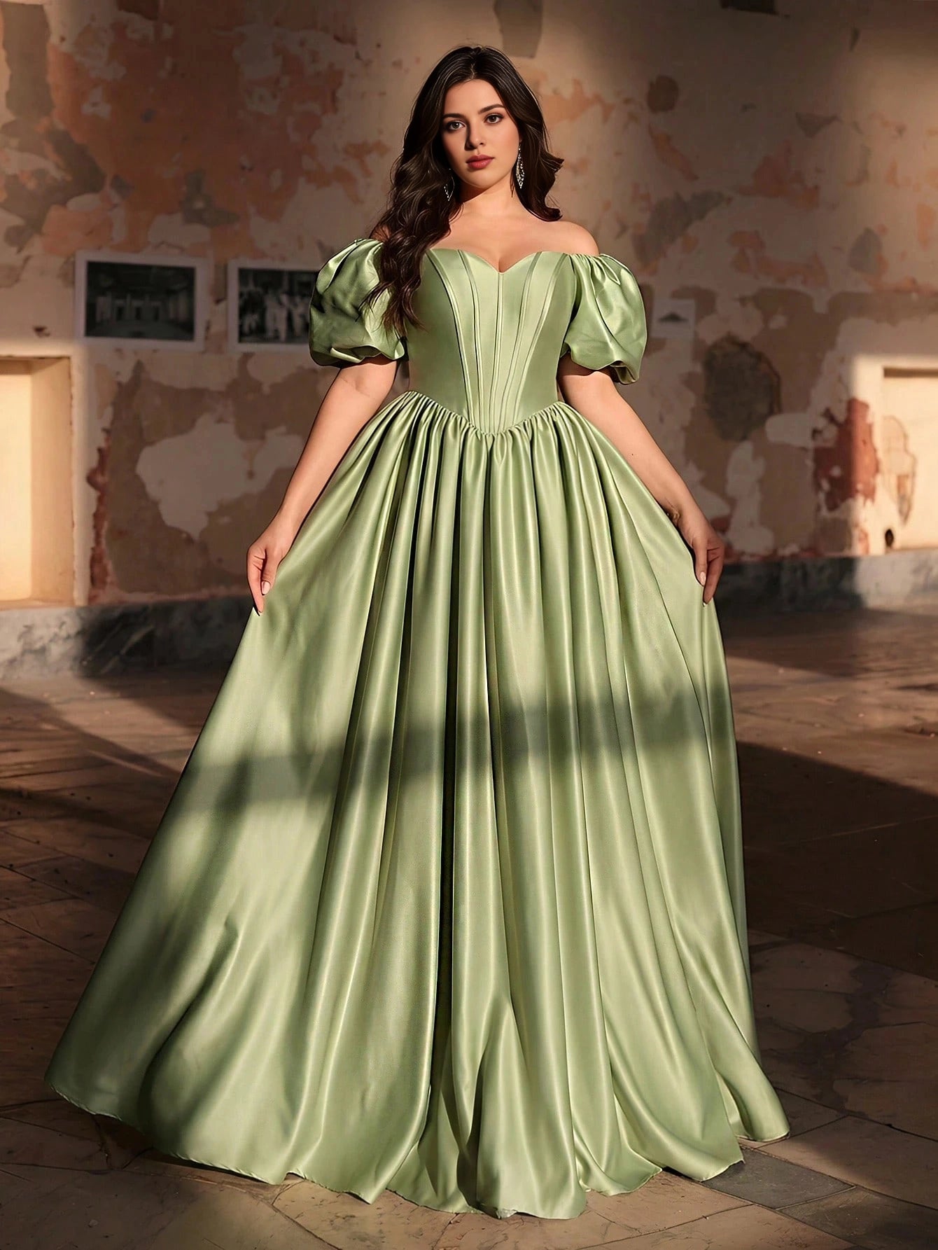 Roselledress plus size sage green satin prom dress off‑the‑shoulder sweetheart puff sleeve a‑line floor length front view