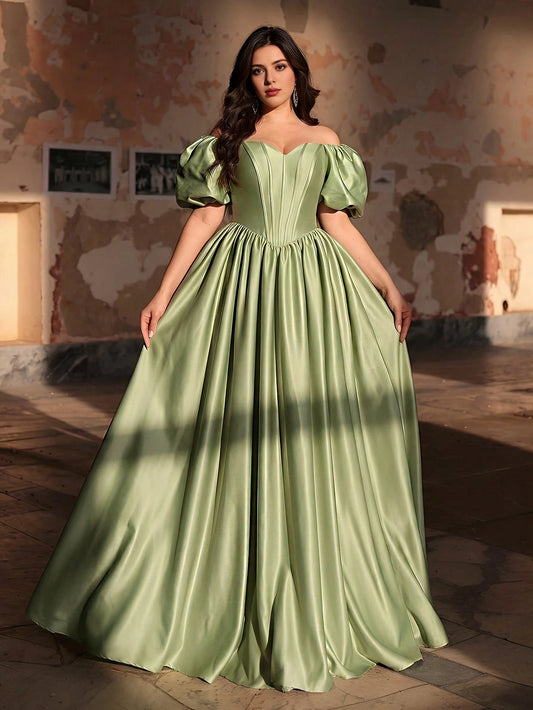 Roselledress plus size sage green satin prom dress off‑the‑shoulder sweetheart puff sleeve a‑line floor length front view