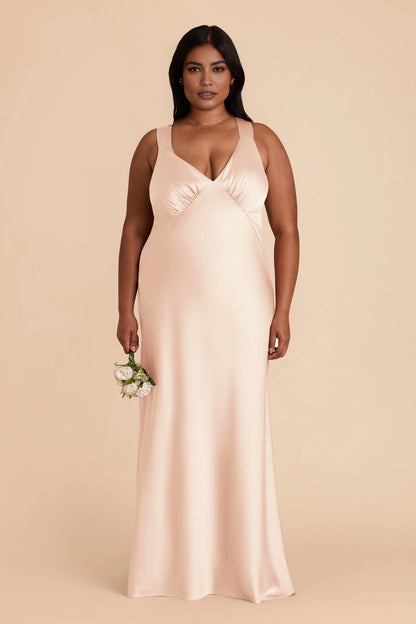 Soft Satin Mermaid V Neck Sleeveless Cross Back Maxi Plus Size Bridesmaid Dress