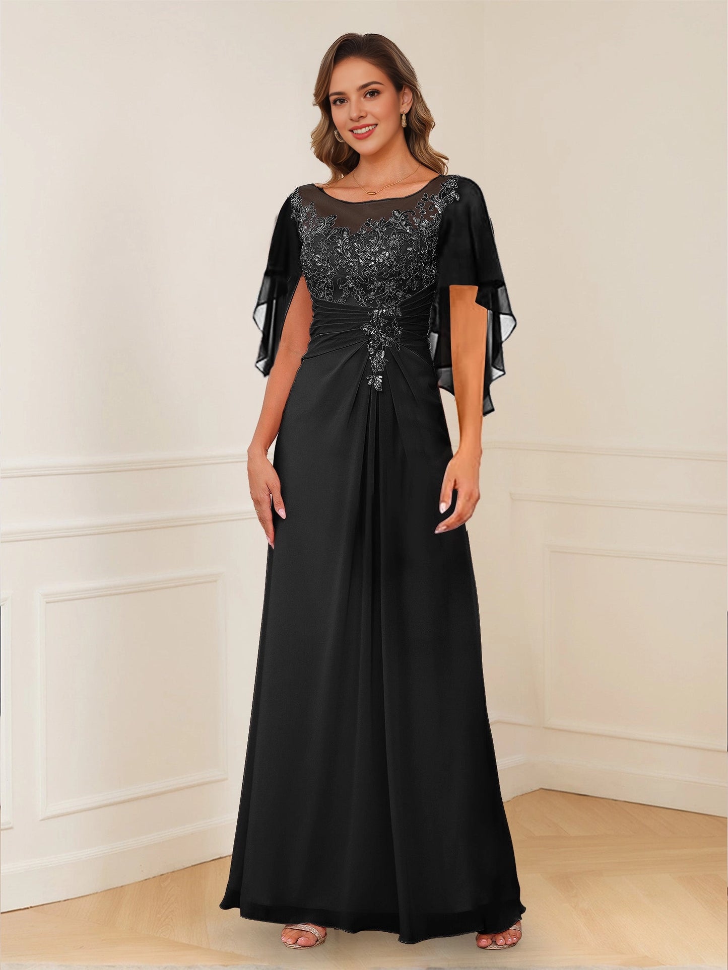 Ruched A-Line Bateau-Neck Flutter-Square-Back Floor-Length plus size Mother Of Bride Dress