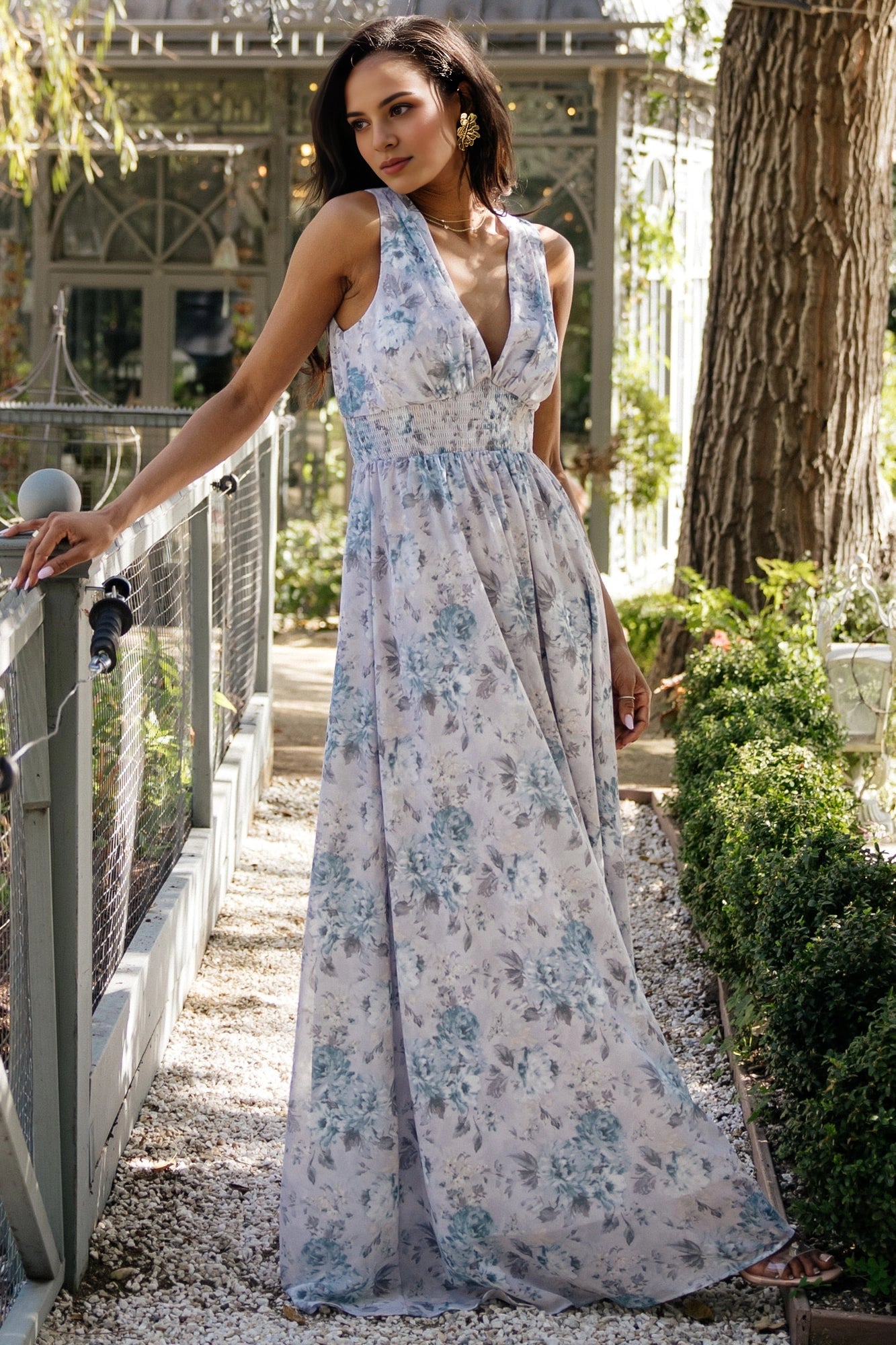 Soft A-Line V-Neck Sleeveless Plain-Back Floor-Length Floral Mother Of Bride Dress
