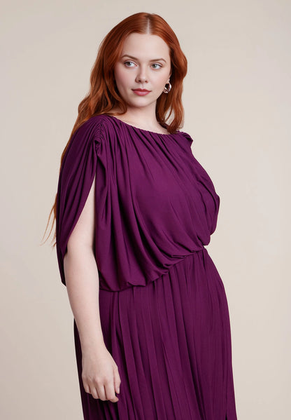 Roselledress Cape‑Sleeve Cutout Waist Pleated Maxi Plus Size Wedding Guest Dress