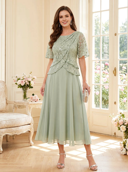 Roselledress sage green plus size round neck sequin lace mother dress short sleeve midi A-line formal gown