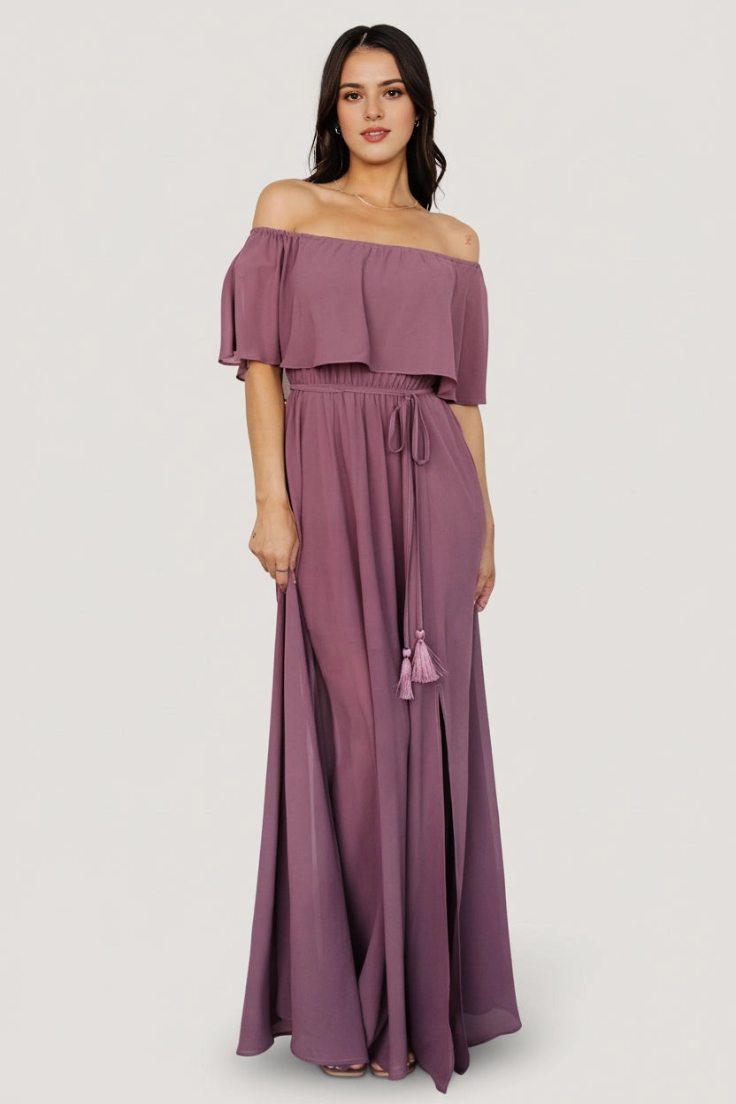 Flowy A-line Off-The-Shoulder Ruffle Sleeve Open-Back Mother Of Bride Dress