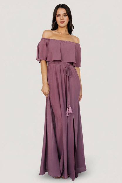 Flowy A-line Off-The-Shoulder Ruffle Sleeve Open-Back Mother Of Bride Dress