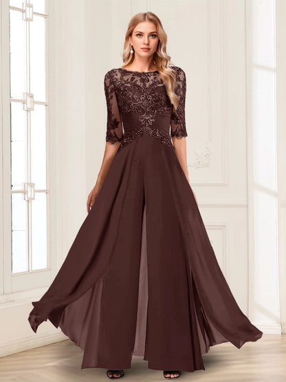 Luxury Jumpsuit Boat Neck 3/4 Sleeve Illusion Back Long Mother Of Bride Dress