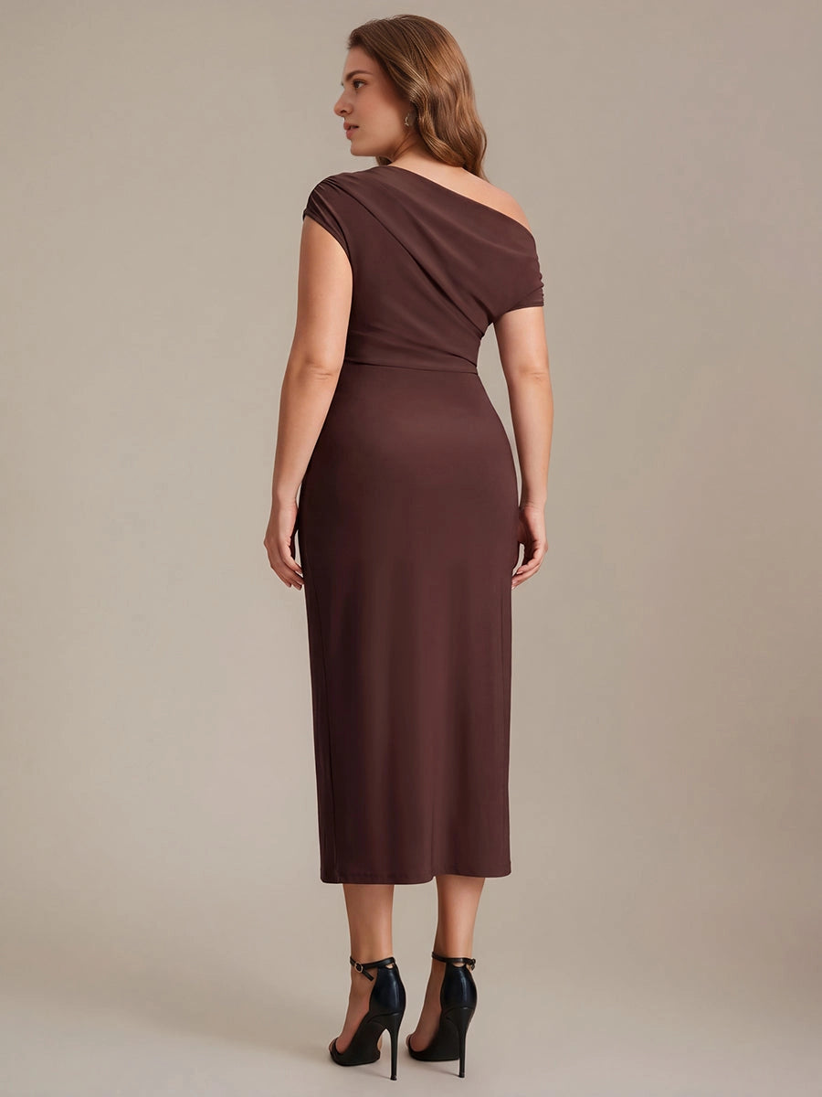 roselledress brown stretch jersey formal dress plus size solid plain back midi wedding guest dress