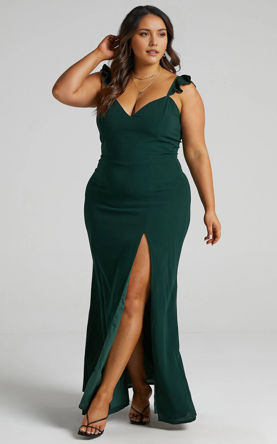 Ruffle Strap V Neck Tie Back Cutout High Slit Mermaid Plus Size Wedding Guest Dress 