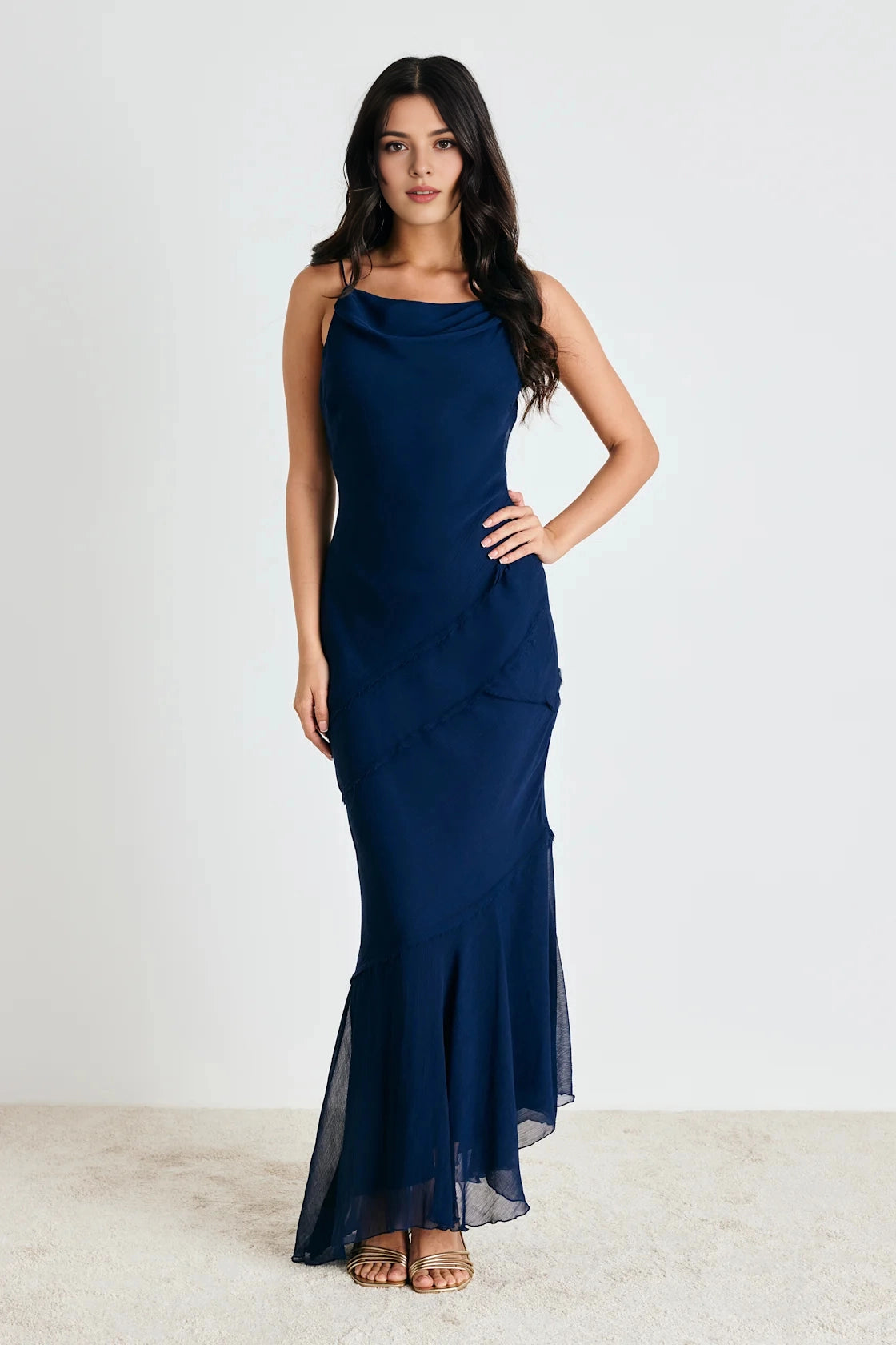roselledress deep navy textured chiffon ultra thin spaghetti draped cowl neck diagonal frayed ruffle asymmetrical mermaid long bridesmaid cocktail gown plain white studio front full shot