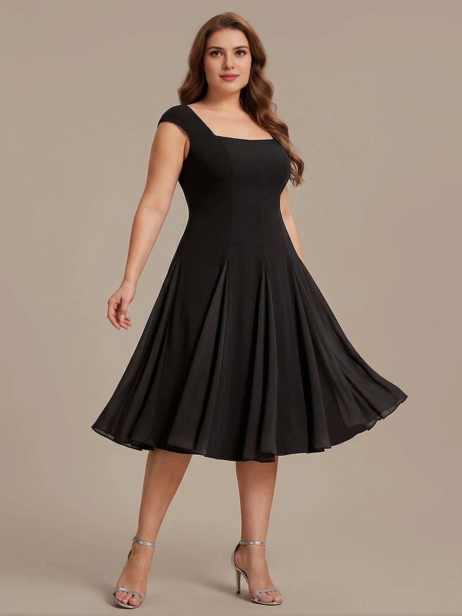 Roselledress Black White Color Block A-Line Square Cap Sleeve Zip Back Midi Plus Size Weeding Guest Dress