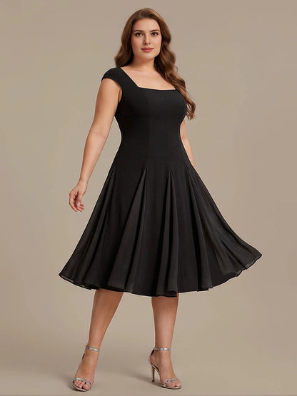Roselledress Black White Color Block A-Line Square Cap Sleeve Zip Back Midi Plus Size Weeding Guest Dress