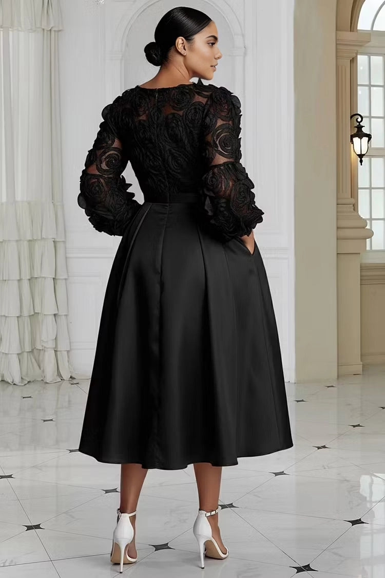 Roselledress Classic A-Line Round Neck 3/4 Sleeve Back Zipper 3D Floral Satin Midi Plus Size Prom Dress