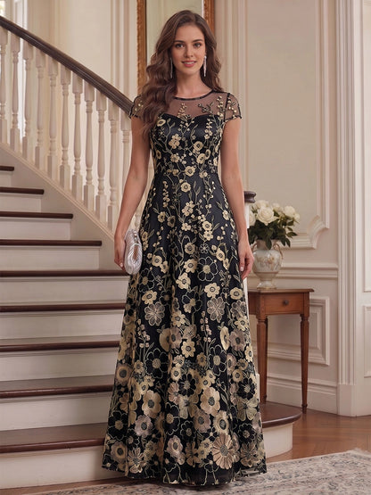 Floral A-Line Round-Neck Short-Sleeve Button-Back Floor-Length plus size Mother Of Bride Dress