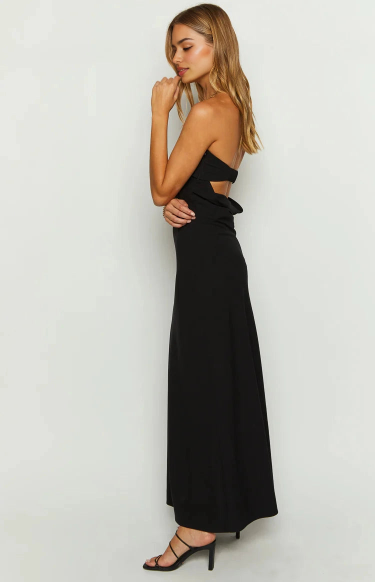 Black Sheath Strapless Tube Cowl Back Long Prom Dress