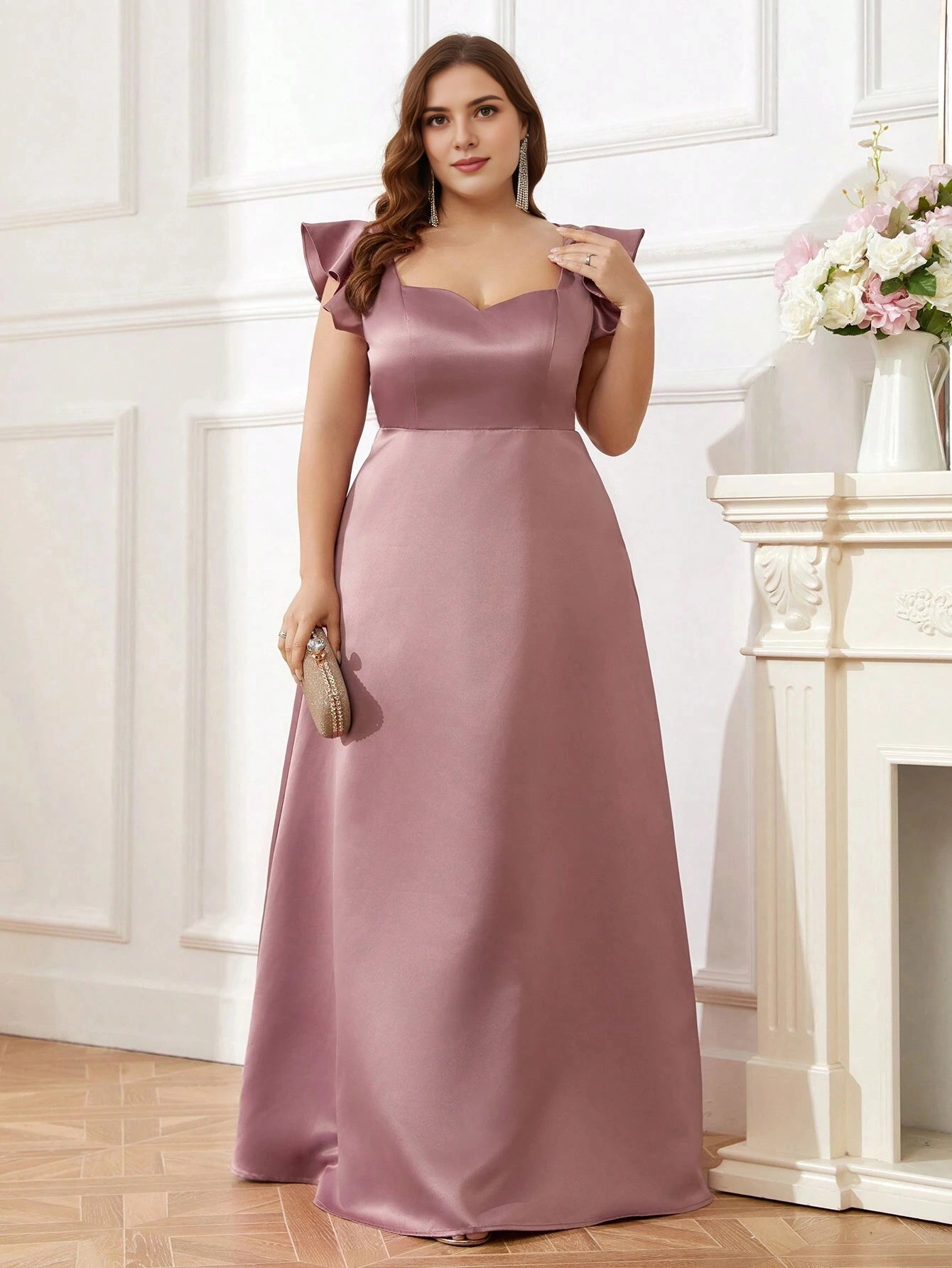 Black Plus‑Size A‑Line Sweetheart Ruffle‑Sleeve Zipper‑Back Floor‑Length Prom Dress