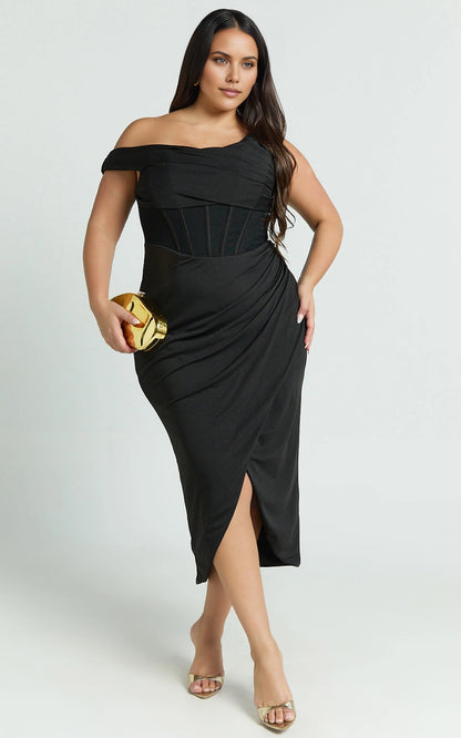 Chic Sheath Asymmetric Off‑Shoulder Sleeveless V‑Back Slit Midi Length Plus Size Prom Dress