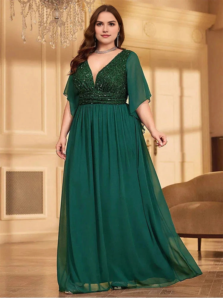 Luxurious A‑Line V‑Neck Flutter‑Sleeve V‑Back Floor‑Length Plus Size Wedding Guest Dress