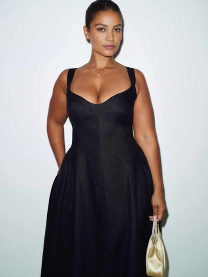 Roselledress Sweetheart Wide‑Strap A‑Line Midi Plus Size Wedding Guest Dress