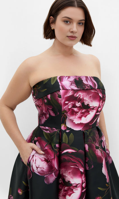Plus Size Jacquard Satin Strapless Pleated Tea-Length Wedding Guest Dress