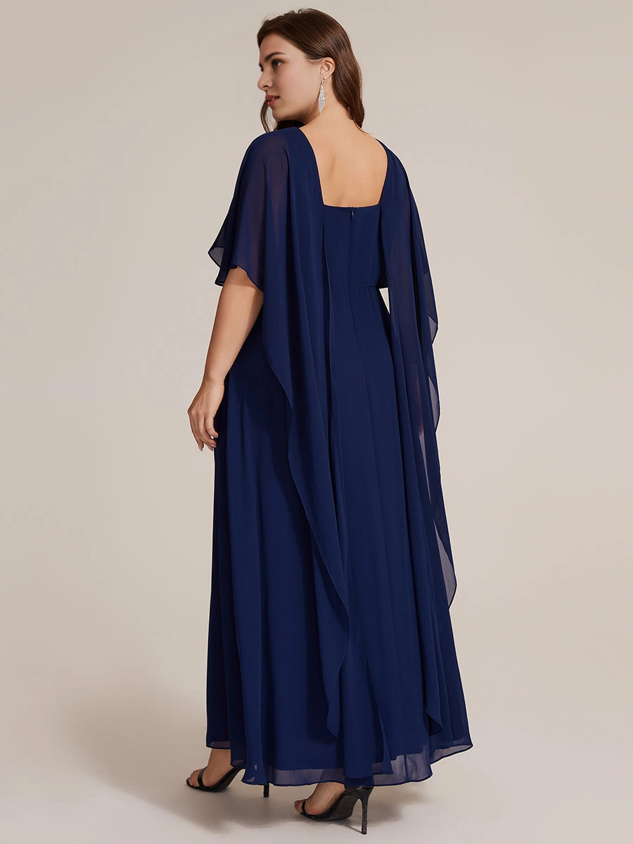 Roselledress Dusty Pink A Line Boat Neck Cape Sleeve Tie Back Floor Length Plus Size Wedding Guest Dress