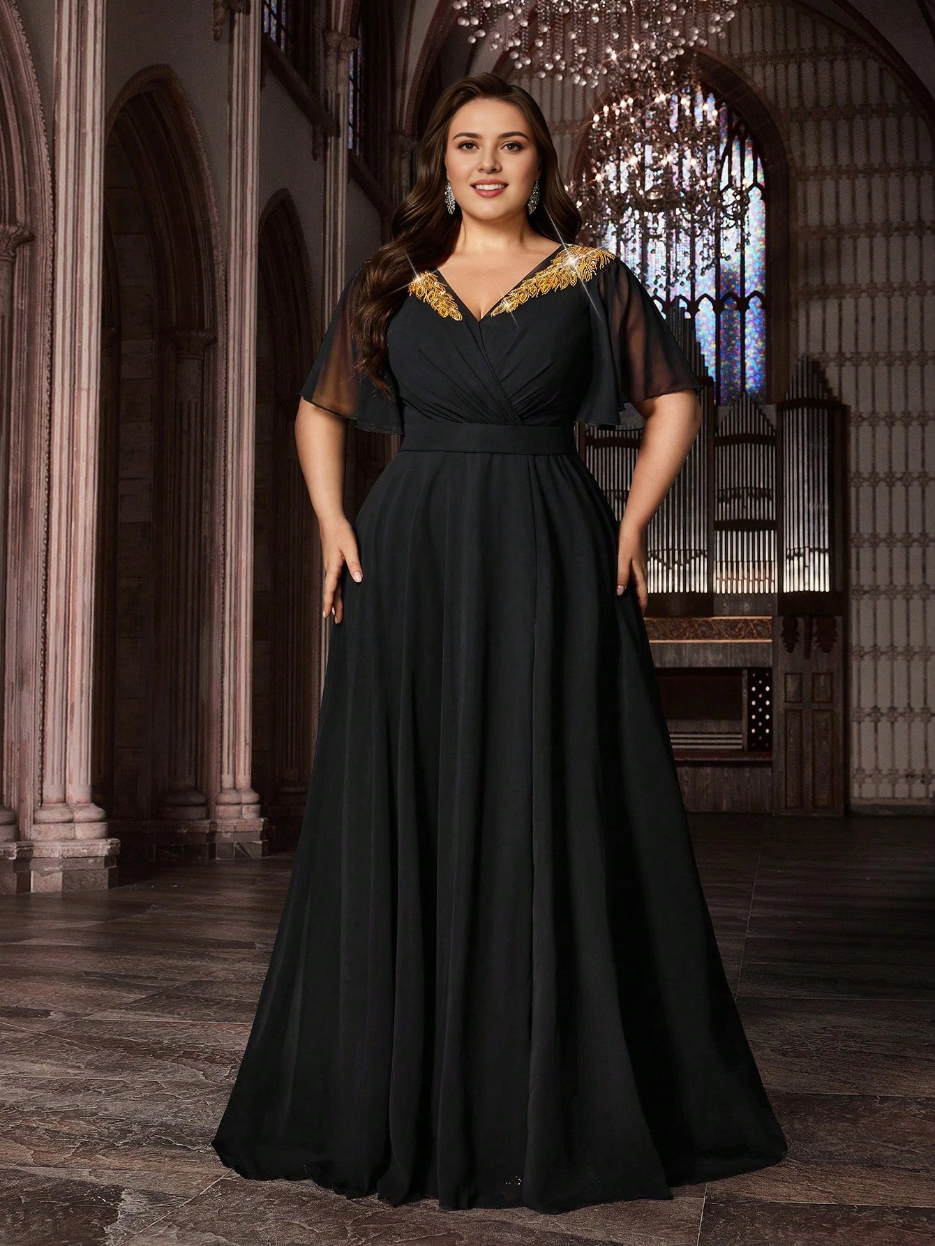 Black Plus Size A‑Line V‑Neck Flare‑Chiffon‑Sleeve Solid‑Back Floor‑Length Prom Dress