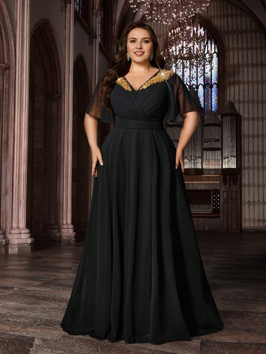 Black Plus Size A‑Line V‑Neck Flare‑Chiffon‑Sleeve Solid‑Back Floor‑Length Prom Dress