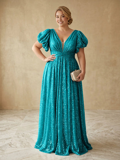 Glamorous A-Line Deep V Puff Sleeve V-Back Floor Length Plus Size Prom Dress