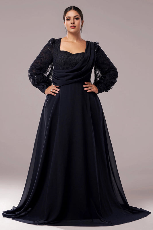 Roselledress plus size black chiffon prom dress draped asymmetrical neck sparkly lace bishop long sleeve a‑line train front view