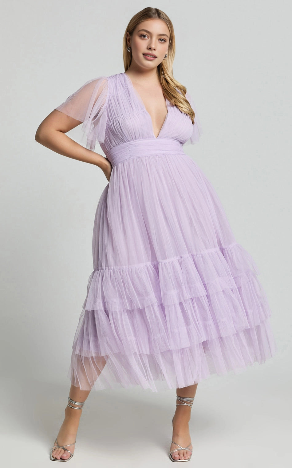 V Neck Flutter Sleeve Tiered Tulle Midi Plus Size Wedding Guest Dress