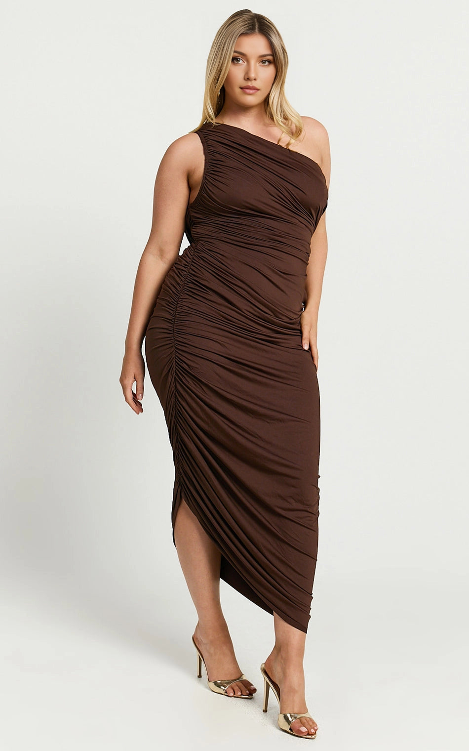 One Shoulder Ruched Asymmetrical Midi Plus Size Wedding Guest Dress