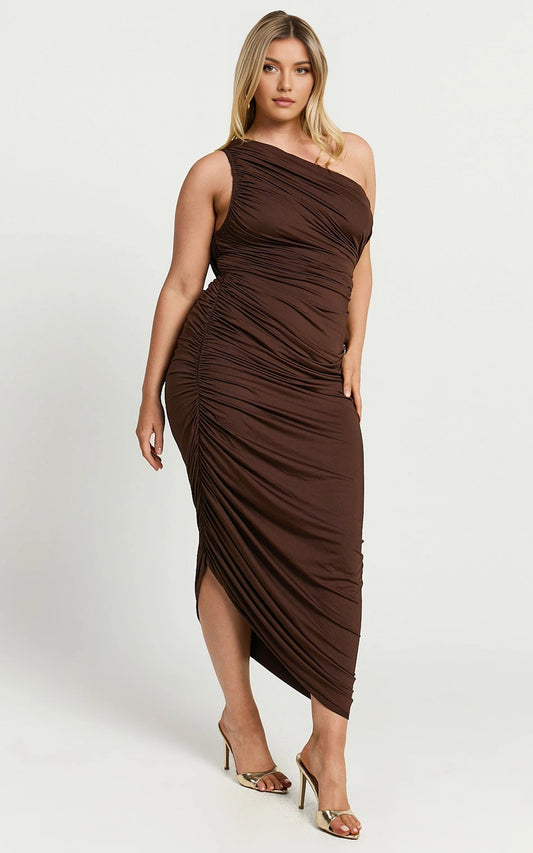 One Shoulder Ruched Asymmetrical Midi Plus Size Wedding Guest Dress